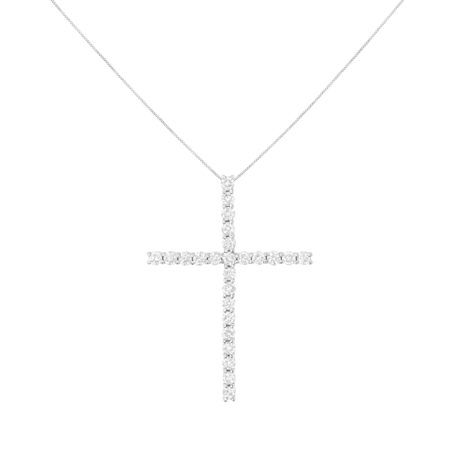 Front-facing view of a white metal necklace with a cross pendant set with round prong-set white gemstones.