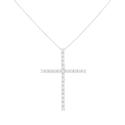 Front-facing view of a white metal necklace with a cross pendant set with round prong-set white gemstones.