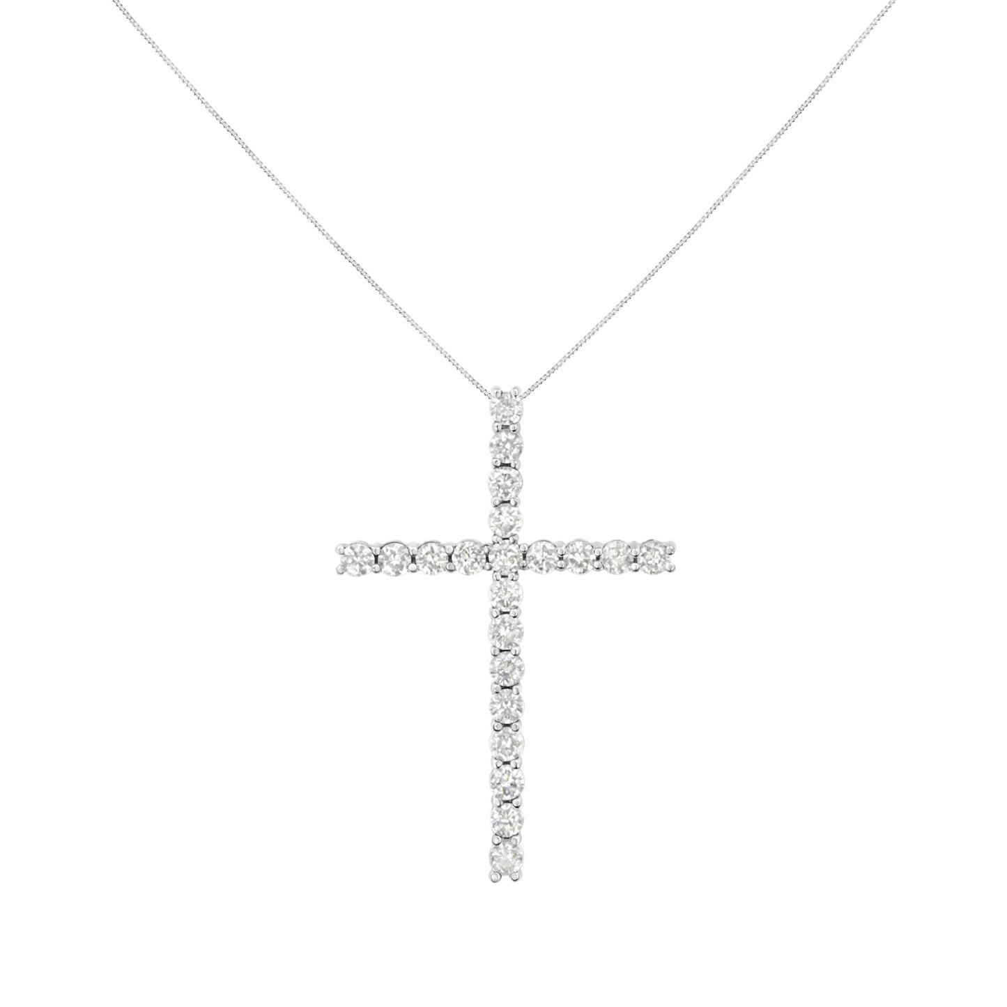 White metal necklace with a cross-shaped pendant set with round white gemstones, shown front-on.
