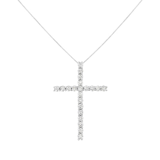 White metal necklace with a cross-shaped pendant set with round white gemstones, shown front-on.