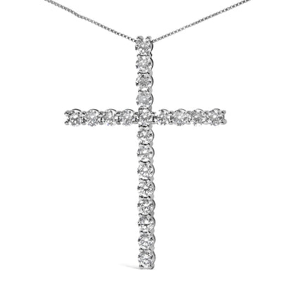 Close-up front view of a white necklace featuring a cross pendant adorned with round white gemstones in prong settings.