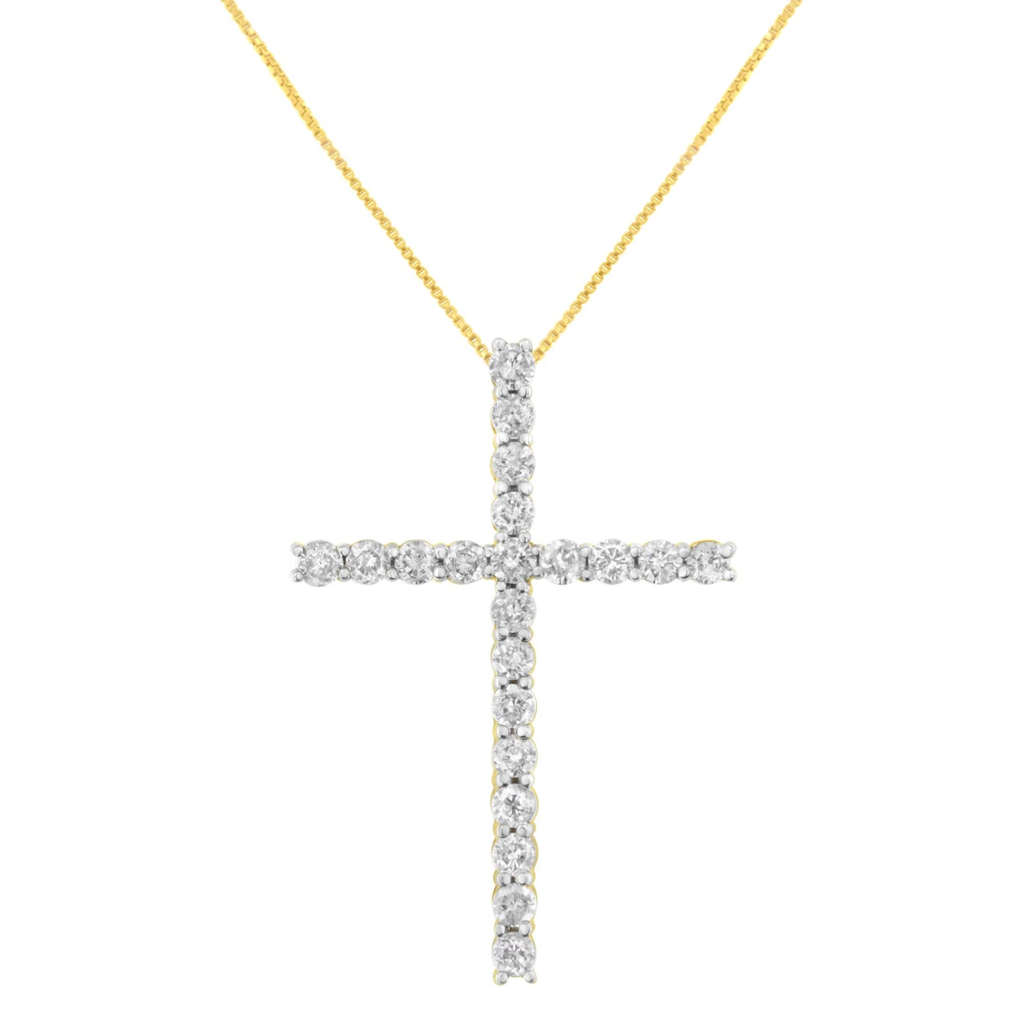 Front view of a yellow necklace with a cross-shaped pendant featuring round white gemstones in prong settings.