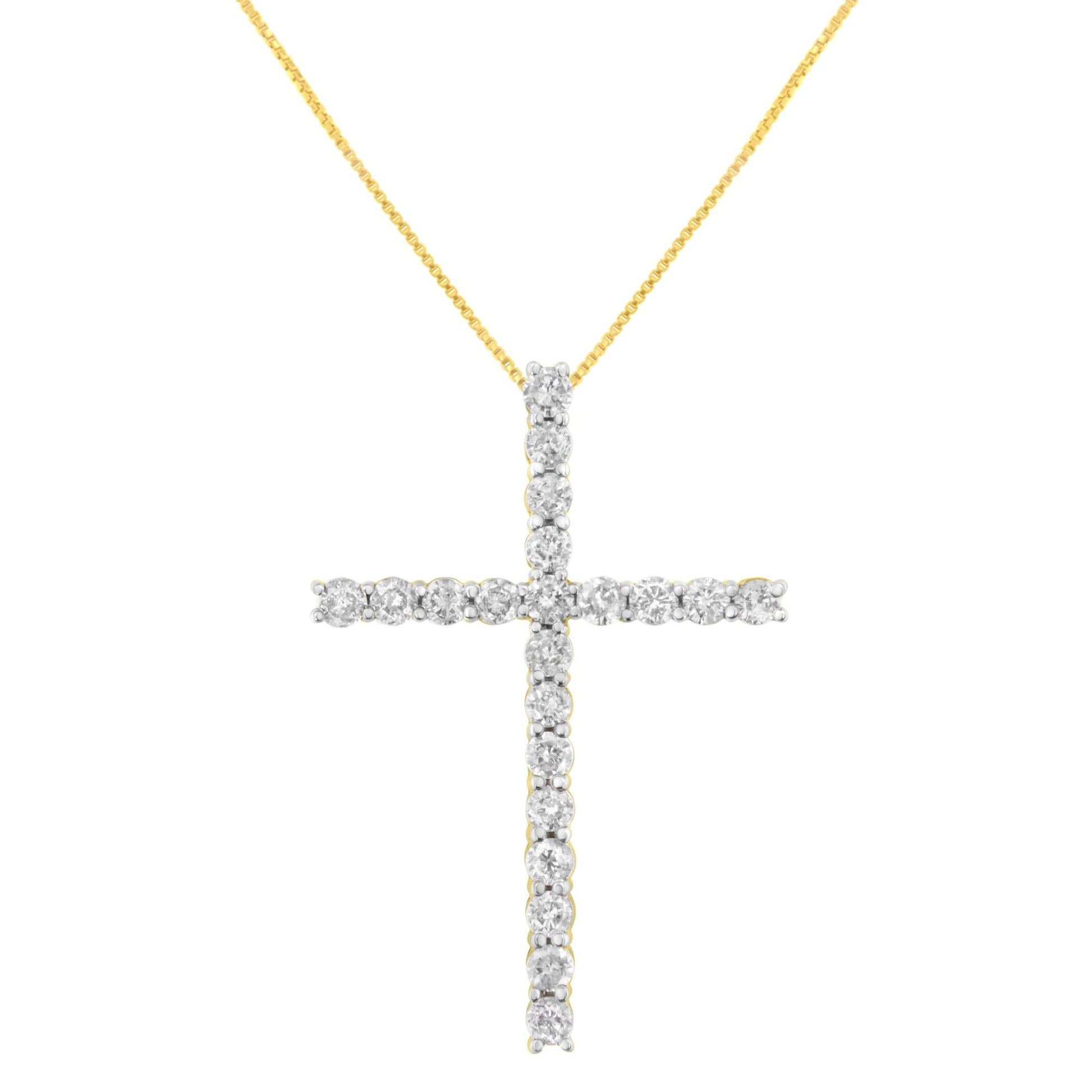 Front view of a yellow necklace with a cross-shaped pendant featuring round white gemstones in prong settings.