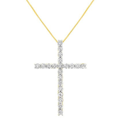 Front view of a yellow necklace with a cross-shaped pendant featuring round white gemstones in prong settings.
