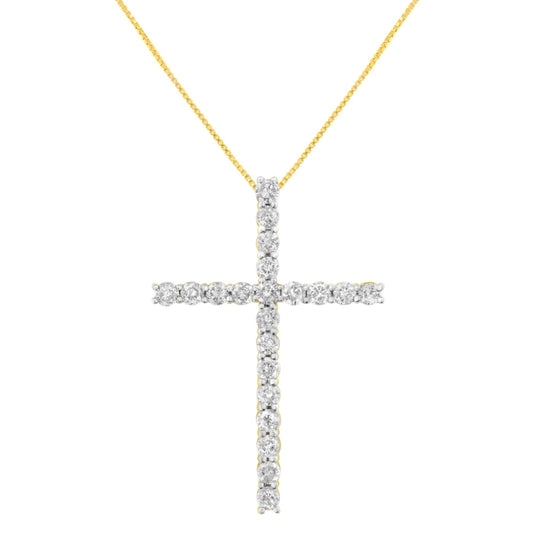 Front view of a yellow necklace with a cross-shaped pendant featuring round white gemstones in prong settings.