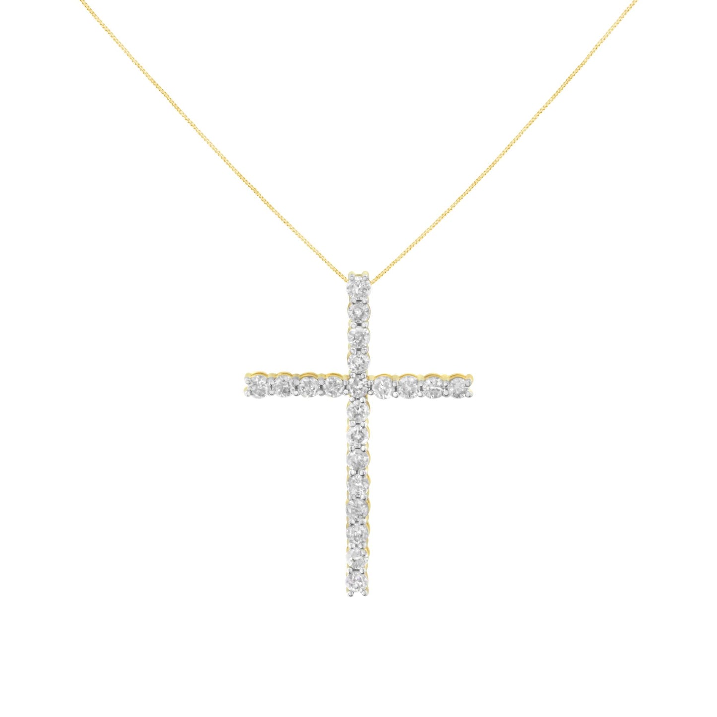 Front view of a yellow necklace with a cross-shaped pendant featuring round white gemstones in prong settings.