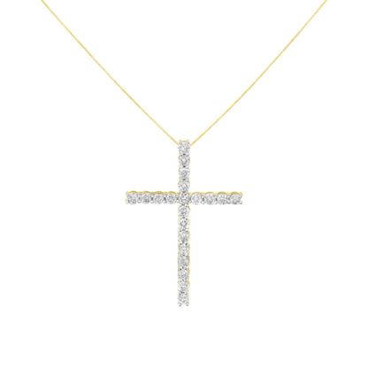 Front view of a yellow necklace with a cross-shaped pendant featuring round white gemstones in prong settings.