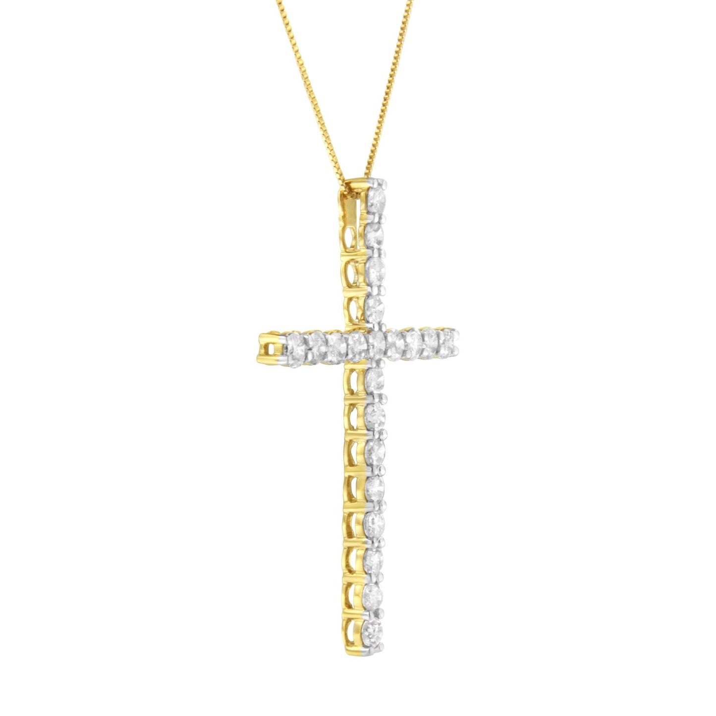 Yellow metal cross-shaped necklace pendant set with round white gemstones in prong settings, shown from a slight side angle.