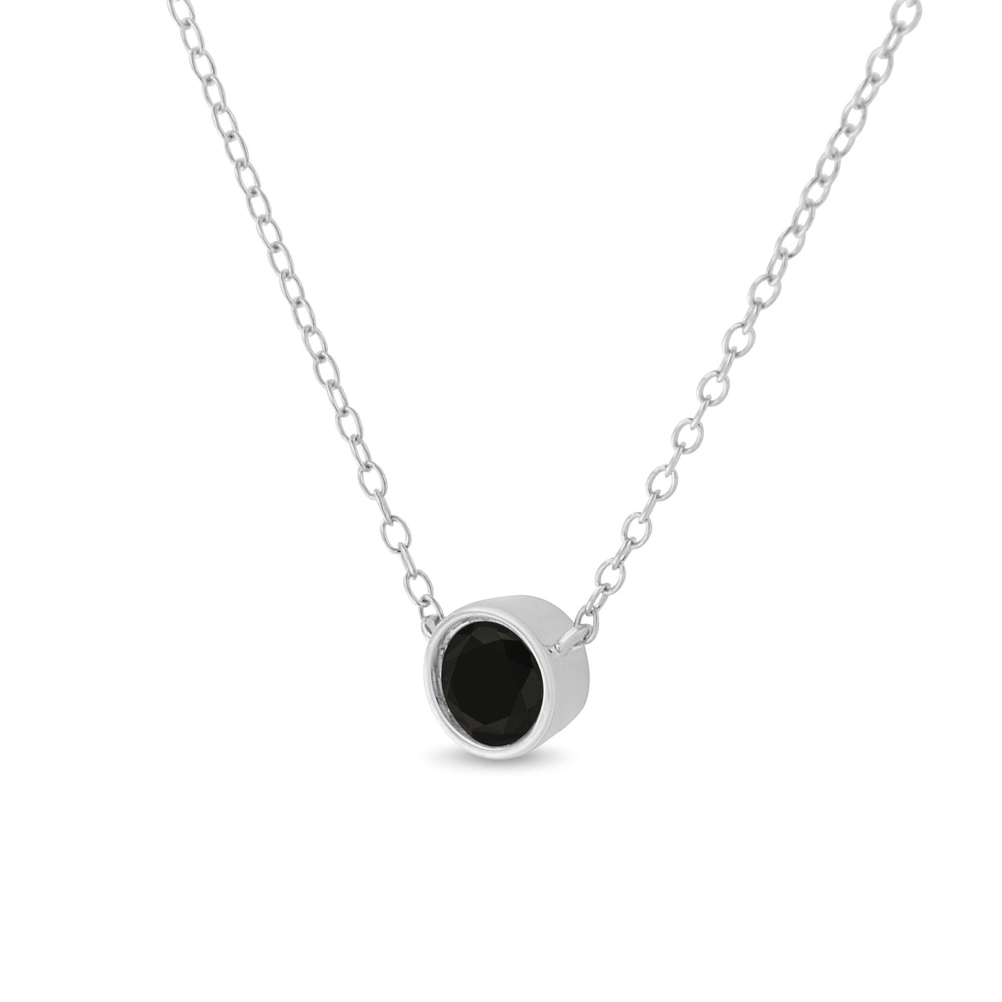 Front angle view of a white metal necklace with a round black gemstone in a bezel setting pendant.