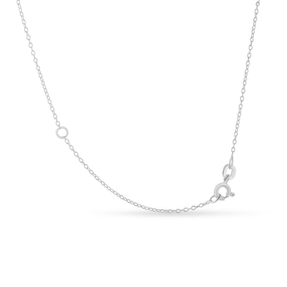 Close-up front angle of a white metal necklace chain featuring a single round green gemstone in a bezel setting.