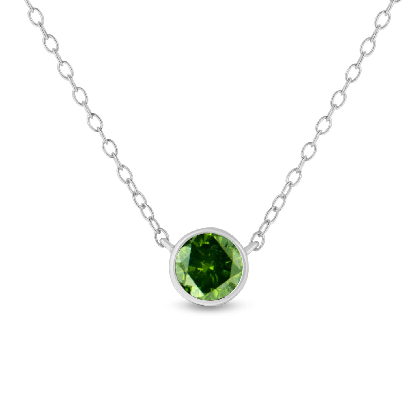 Front view of a white metal necklace with a round green gemstone in a bezel setting.