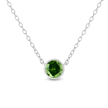 Front view of a white metal necklace with a round green gemstone in a bezel setting.