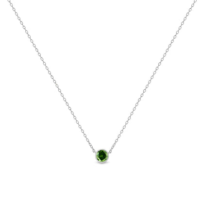 Front view of a white metal necklace with a single round green gemstone in a bezel setting at the center.