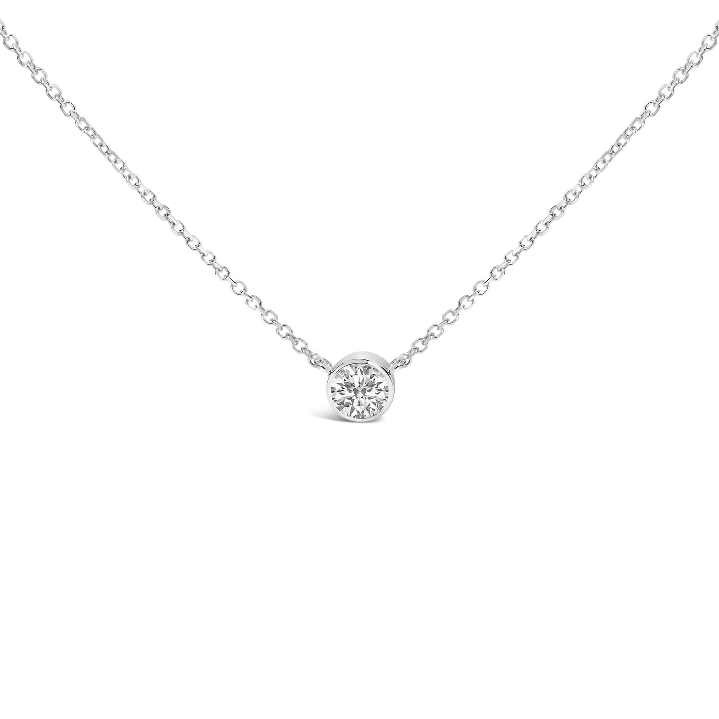Front view of a white metal necklace with a round white gemstone in bezel setting at the center.