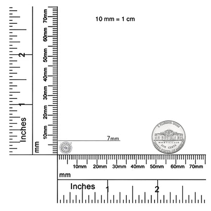White metal necklace pendant with a round bezel-set white gemstone center surrounded by smaller round pave-set white gemstones, shown flat on a ruler and scale for size reference, photographed from above.