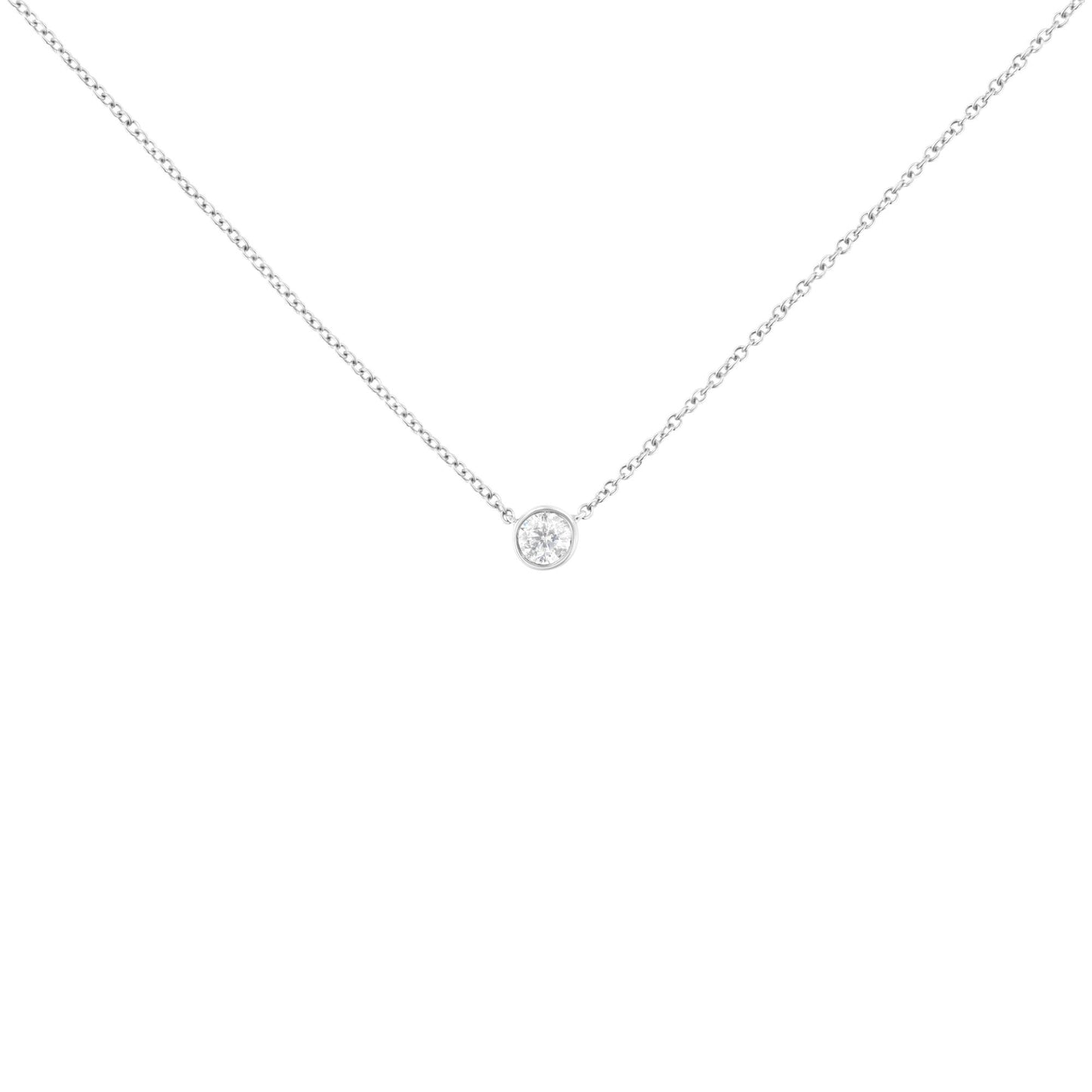 White metal necklace with a round bezel-set white gemstone pendant, shown from a front angle on a white background.