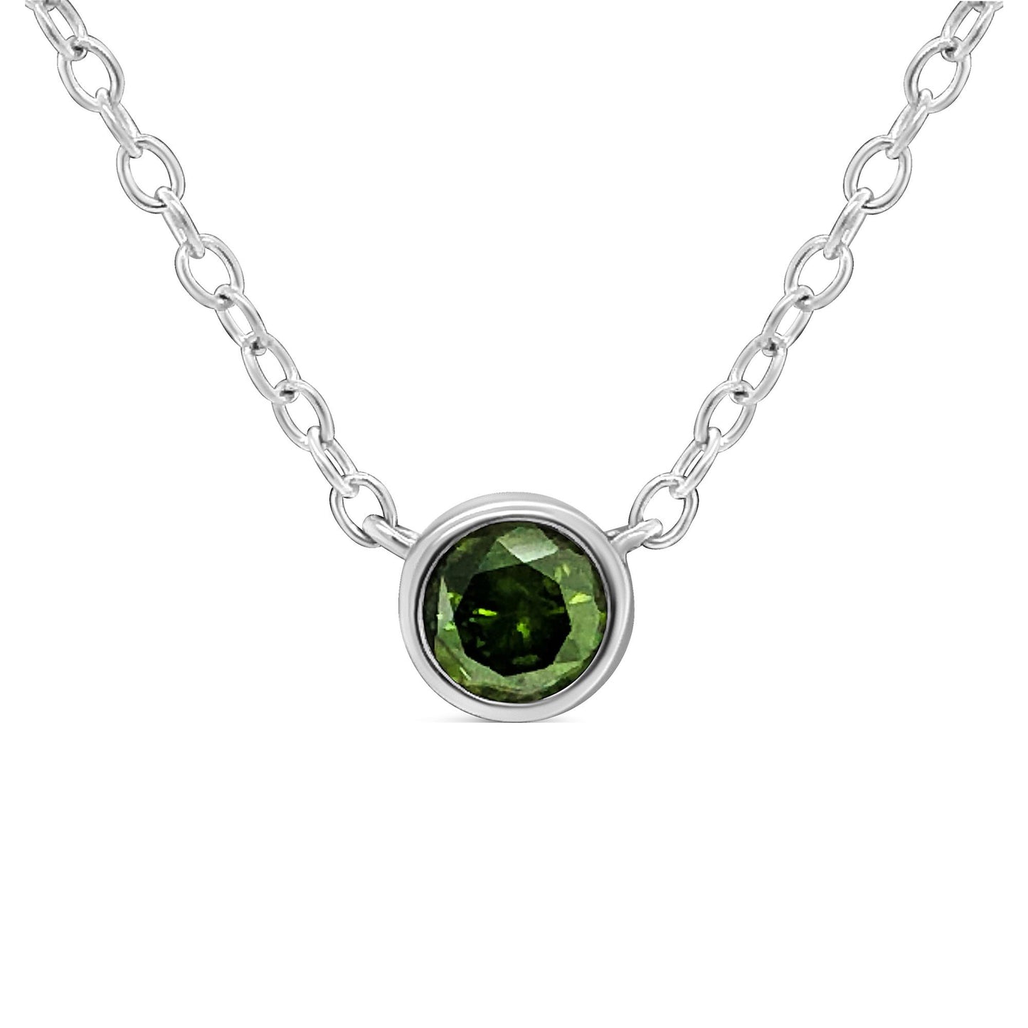 Front view of a white metal necklace with a round green gemstone in a bezel setting pendant.