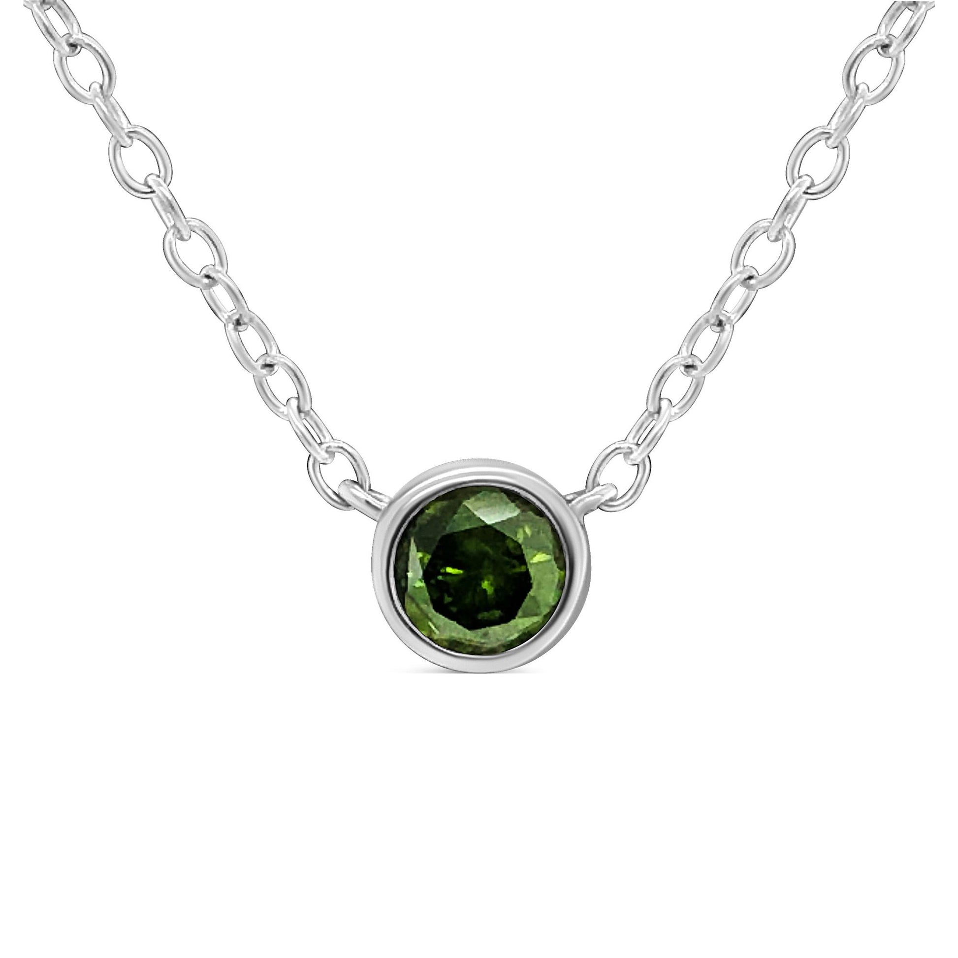 Front view of a white metal necklace with a round green gemstone in a bezel setting pendant.