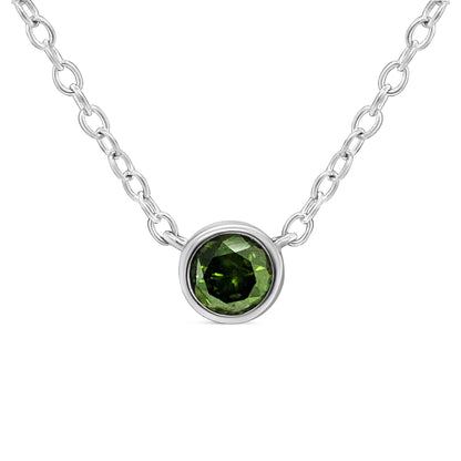 Front view of a white metal necklace with a round green gemstone in a bezel setting pendant.