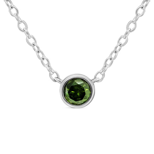 Front view of a white metal necklace with a round green gemstone in a bezel setting pendant.