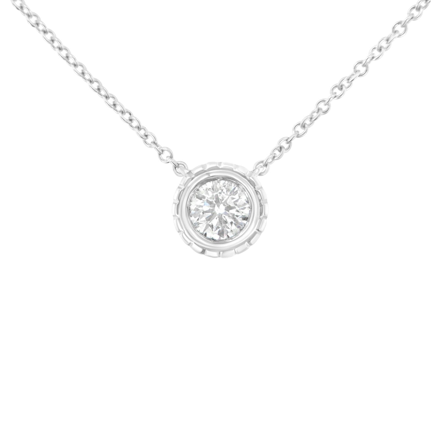 Front view of a white necklace with a round white gemstone in a bezel setting pendant.