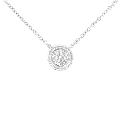 Front view of a white necklace with a round white gemstone in a bezel setting pendant.