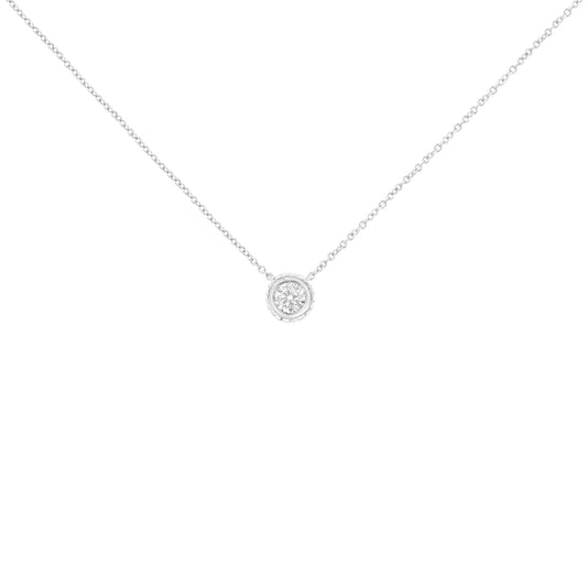 Front view of a white metal necklace with a single round white gemstone in bezel setting pendant.