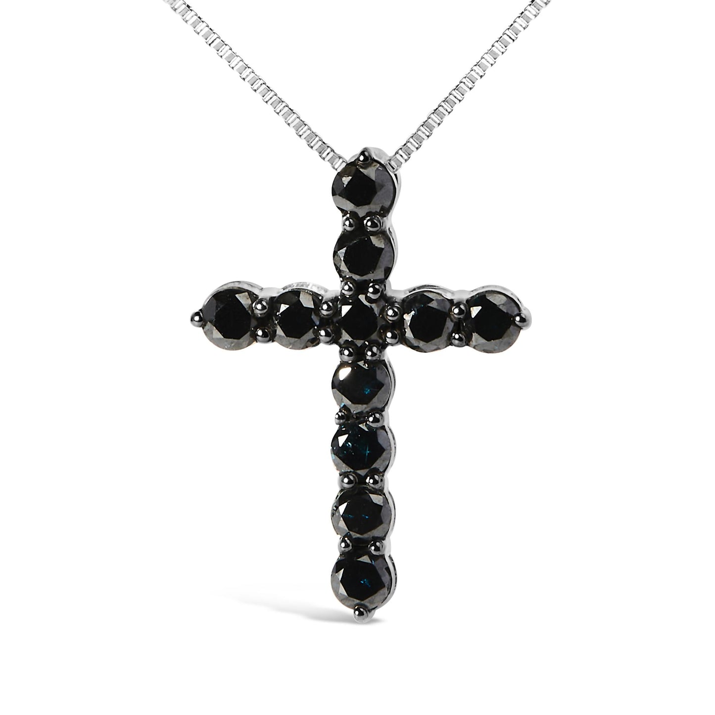 Front angle view of a white metal cross-shaped necklace pendant set with round black gemstones in prong settings.