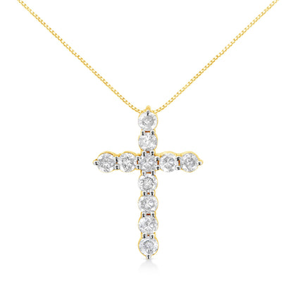 Front view of a yellow metal cross-shaped necklace pendant adorned with round white gemstones in prong settings.