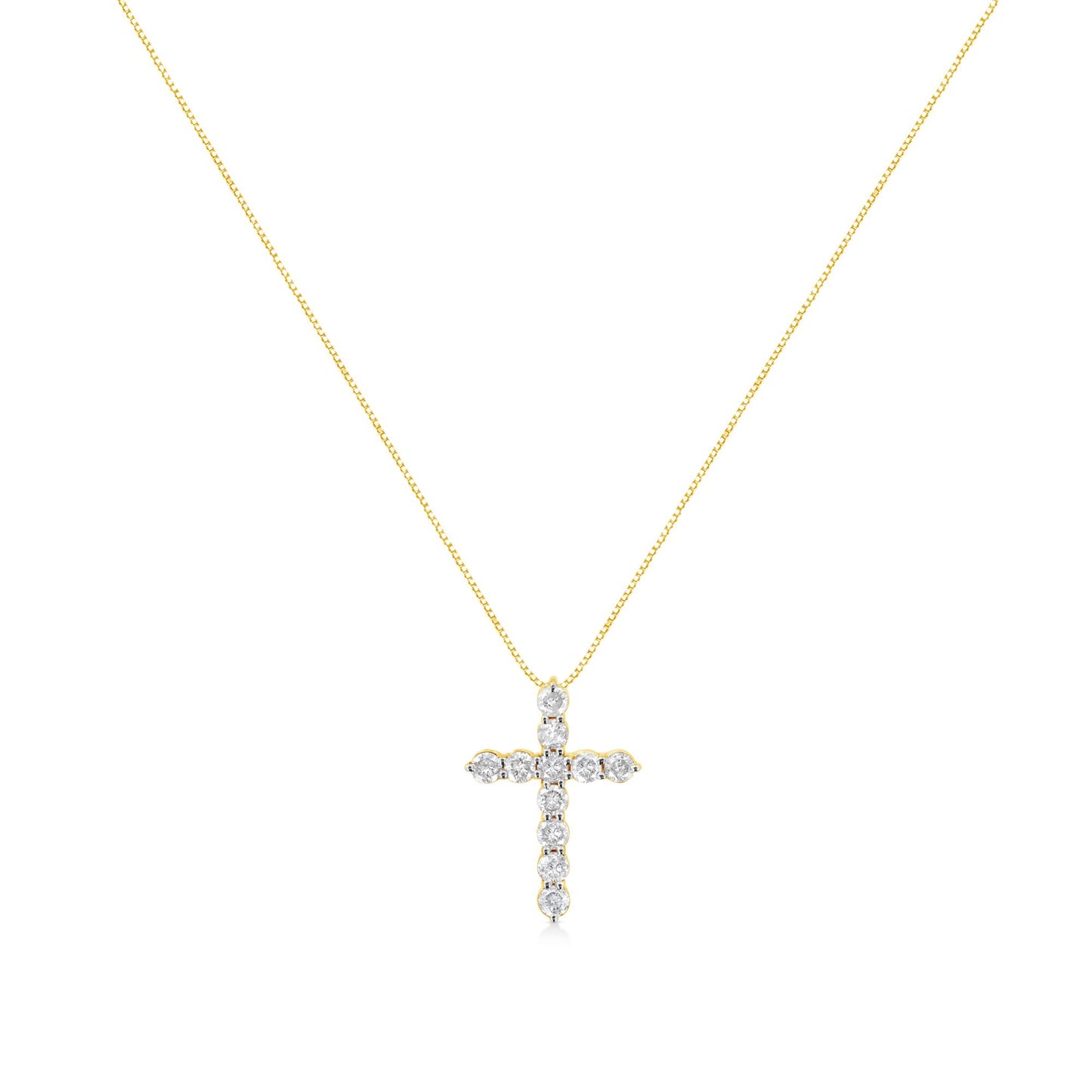 Front angle of a yellow metal necklace with a cross-shaped pendant featuring round white gemstones in prong settings.