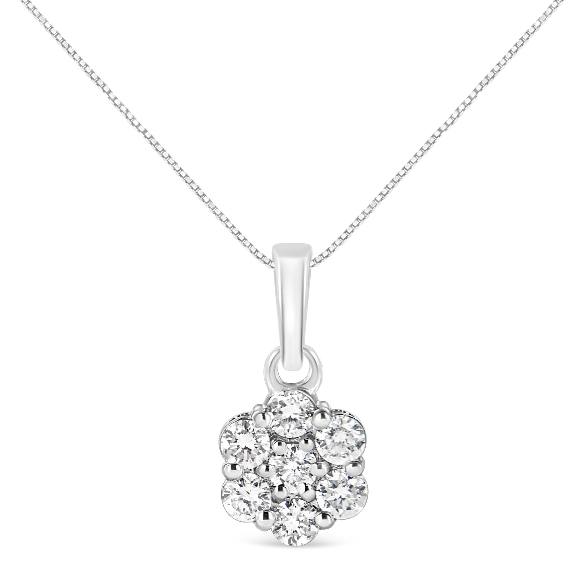 Front view of a white metal necklace with a pendant featuring a cluster of round white gemstones in prong settings.