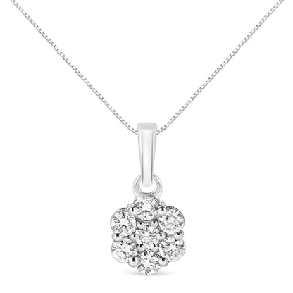 Front view of a white metal necklace with a pendant featuring a cluster of round white gemstones in prong settings.