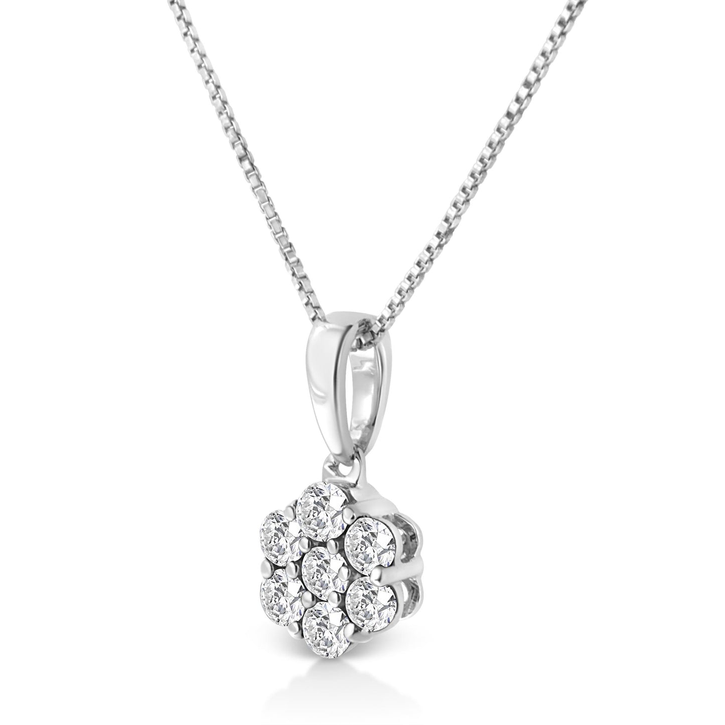 White metal necklace with a flower-shaped pendant featuring round white gemstones in prong settings, shown in a close-up angled front view.