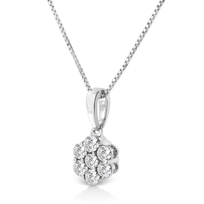White metal necklace with a flower-shaped pendant featuring round white gemstones in prong settings, shown in a close-up angled front view.