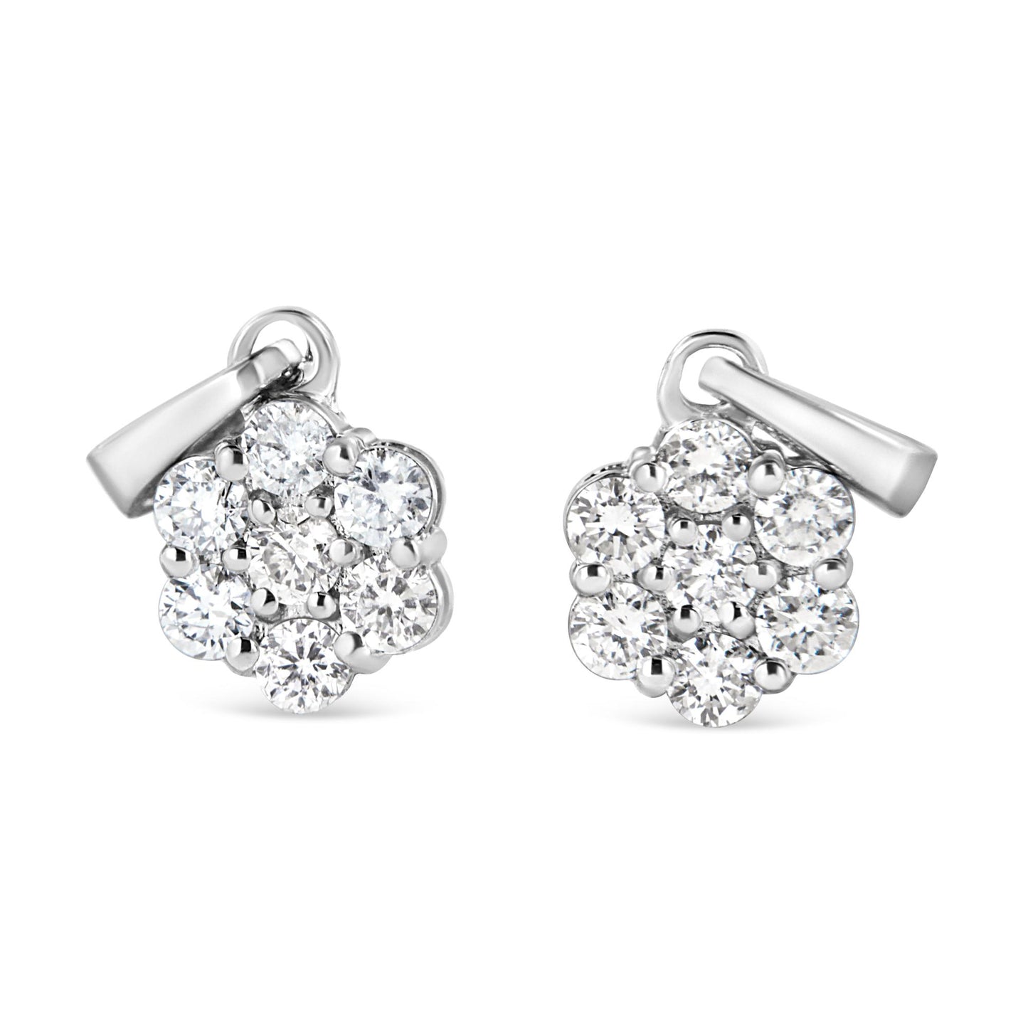 Front view of white metal necklace pendants with clusters of round white gemstones in prong settings.