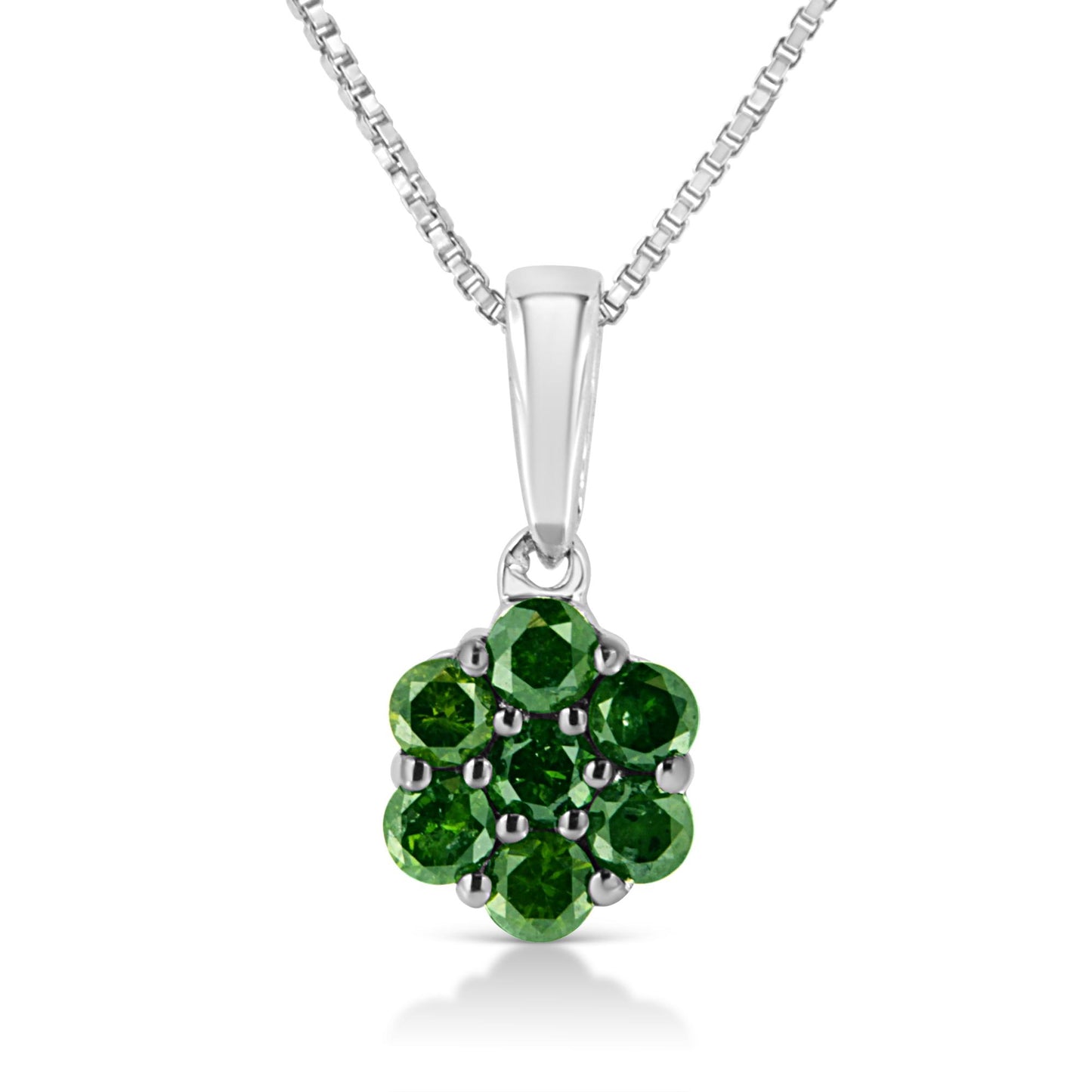 Front-facing close-up of a white metal necklace with a pendant featuring green round gemstones in a cluster prong setting.
