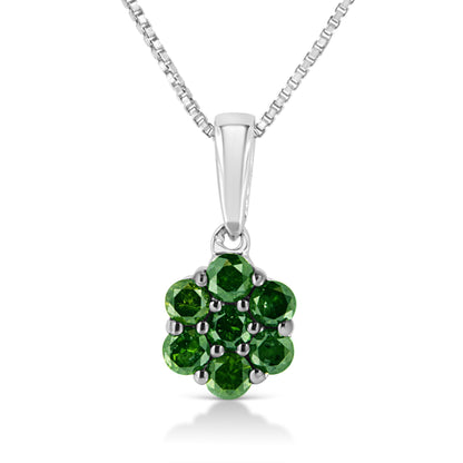 Front-facing close-up of a white metal necklace with a pendant featuring green round gemstones in a cluster prong setting.
