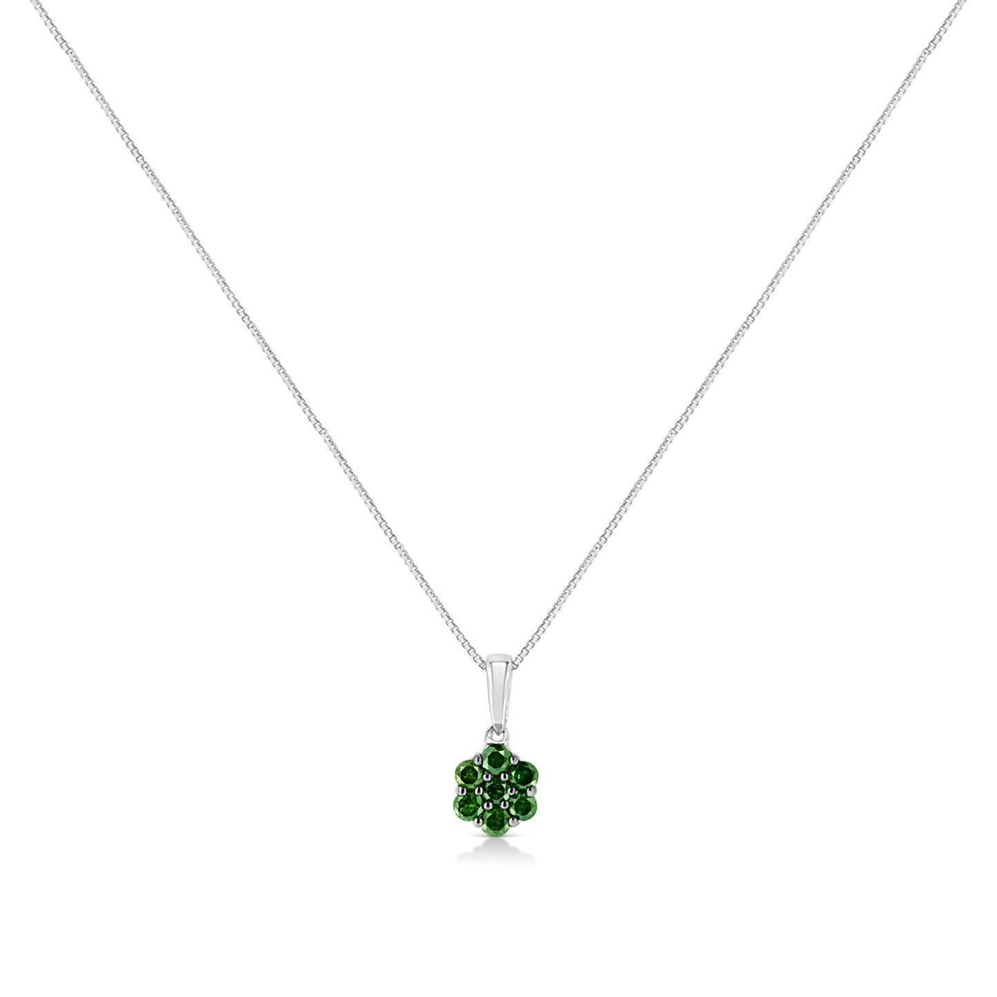Front-facing shot of a white necklace chain with a pendant featuring seven round green gemstones in a cluster, each set with prongs.