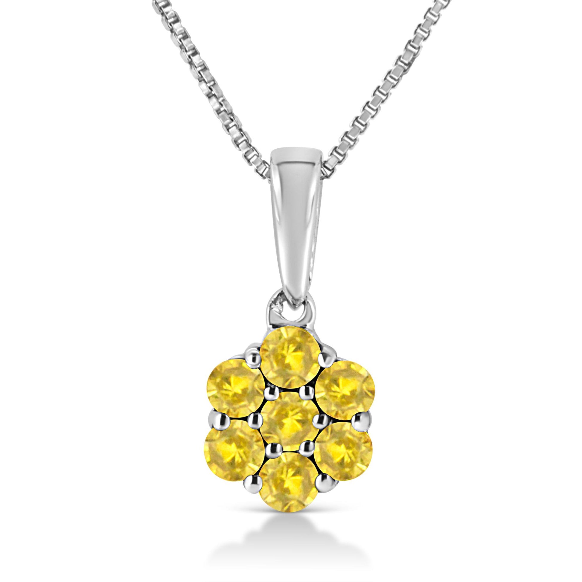 Front view of a white metal necklace with a pendant featuring round yellow gemstones in a cluster design.