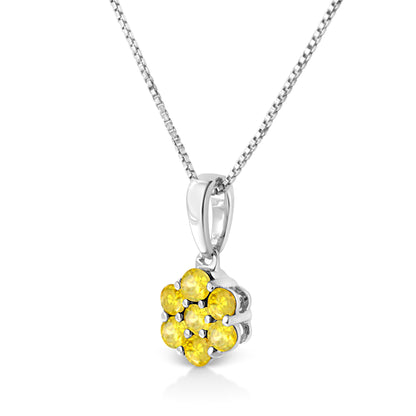 White metal necklace with a pendant composed of round yellow gemstones in a prong setting, shown in a close-up front angle.