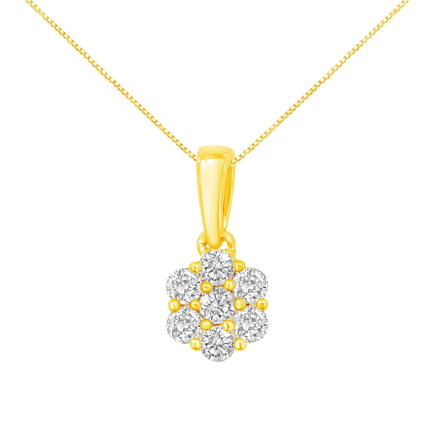 Front-facing close-up of yellow metal necklace with flower-shaped pendant featuring round white gemstones in prong settings.