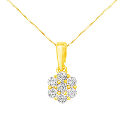 Front-facing close-up of yellow metal necklace with flower-shaped pendant featuring round white gemstones in prong settings.