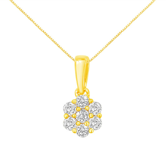 Front-facing close-up of yellow metal necklace with flower-shaped pendant featuring round white gemstones in prong settings.
