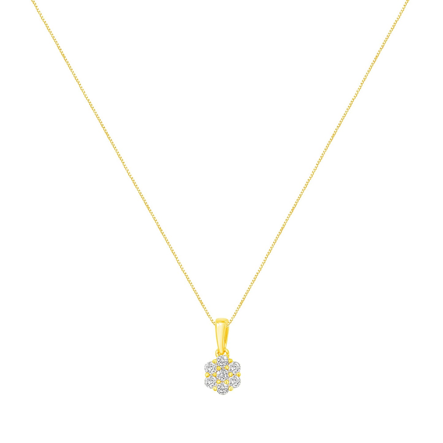 Front view of a yellow necklace with a flower-shaped pendant featuring round white gemstones in prong settings.