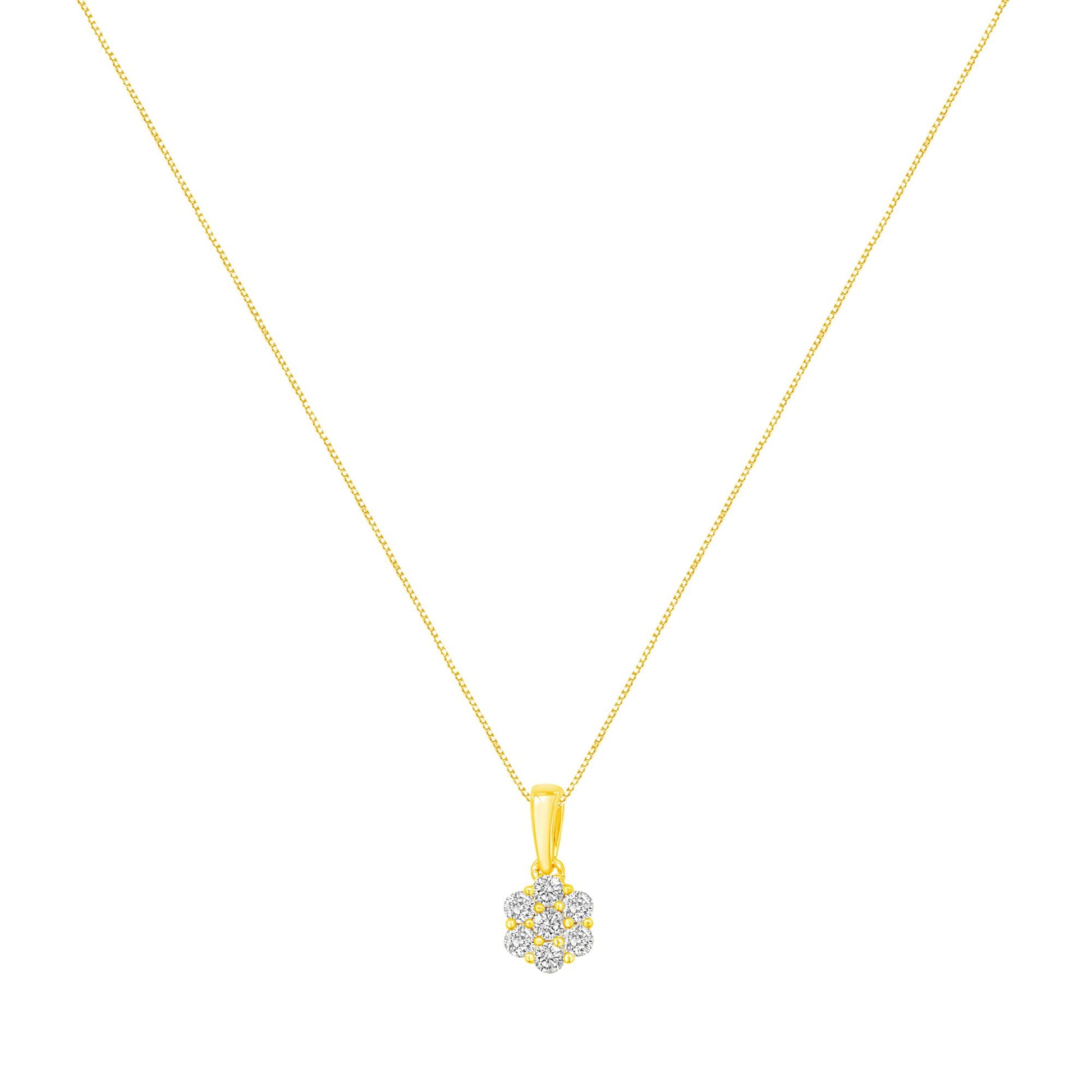 Front view of a yellow necklace with a flower-shaped pendant featuring round white gemstones in prong settings.