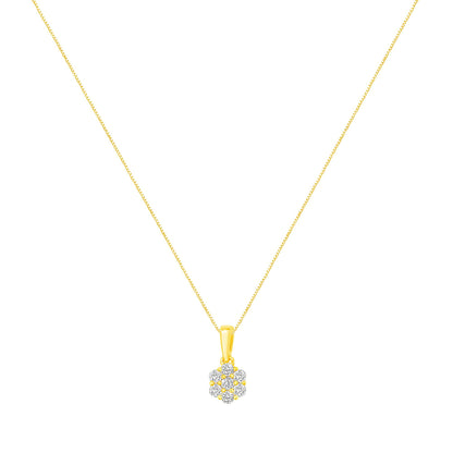Front view of a yellow necklace with a flower-shaped pendant featuring round white gemstones in prong settings.