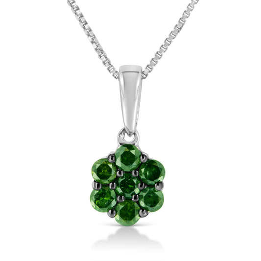 Front view of white metal necklace pendant with prong-set round green gemstones arranged in a flower shape.