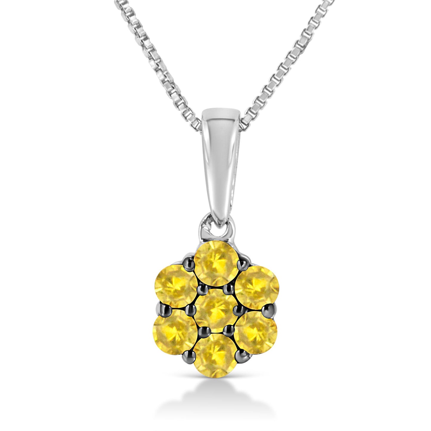 Front view of white necklace pendant featuring a cluster of round yellow gemstones in prong settings.
