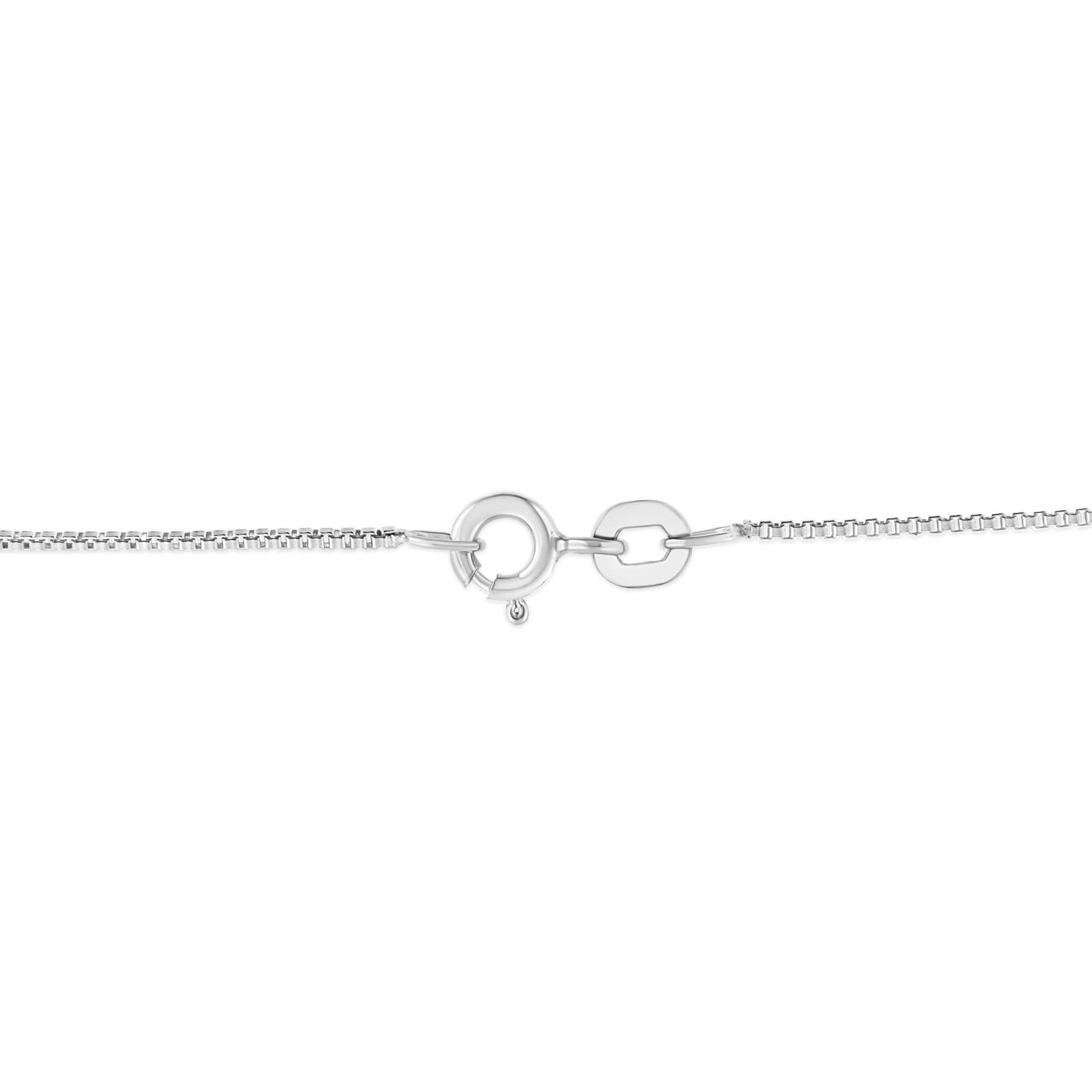 Close-up view of white metal necklace chain clasp with no visible gemstones, photographed from the top angle.