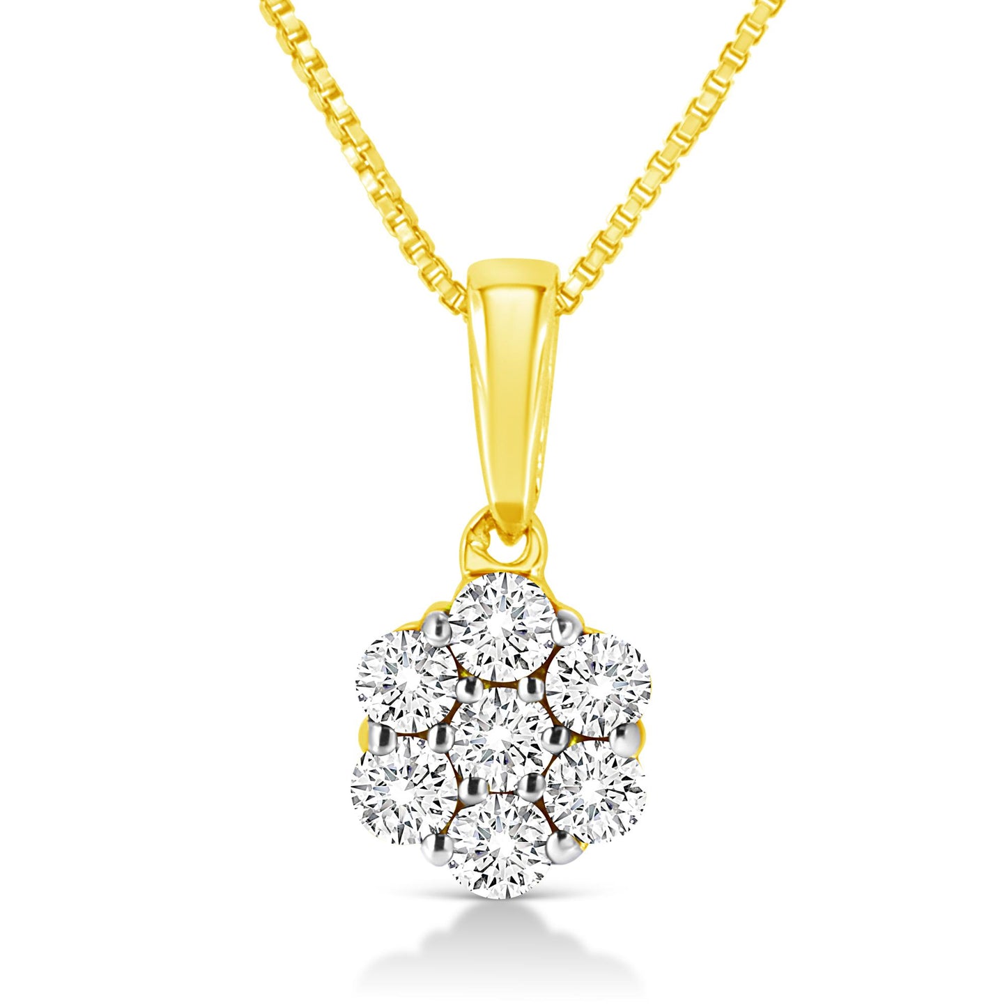 Front view of yellow metal necklace with a flower-shaped pendant featuring round white gemstones in prong settings.
